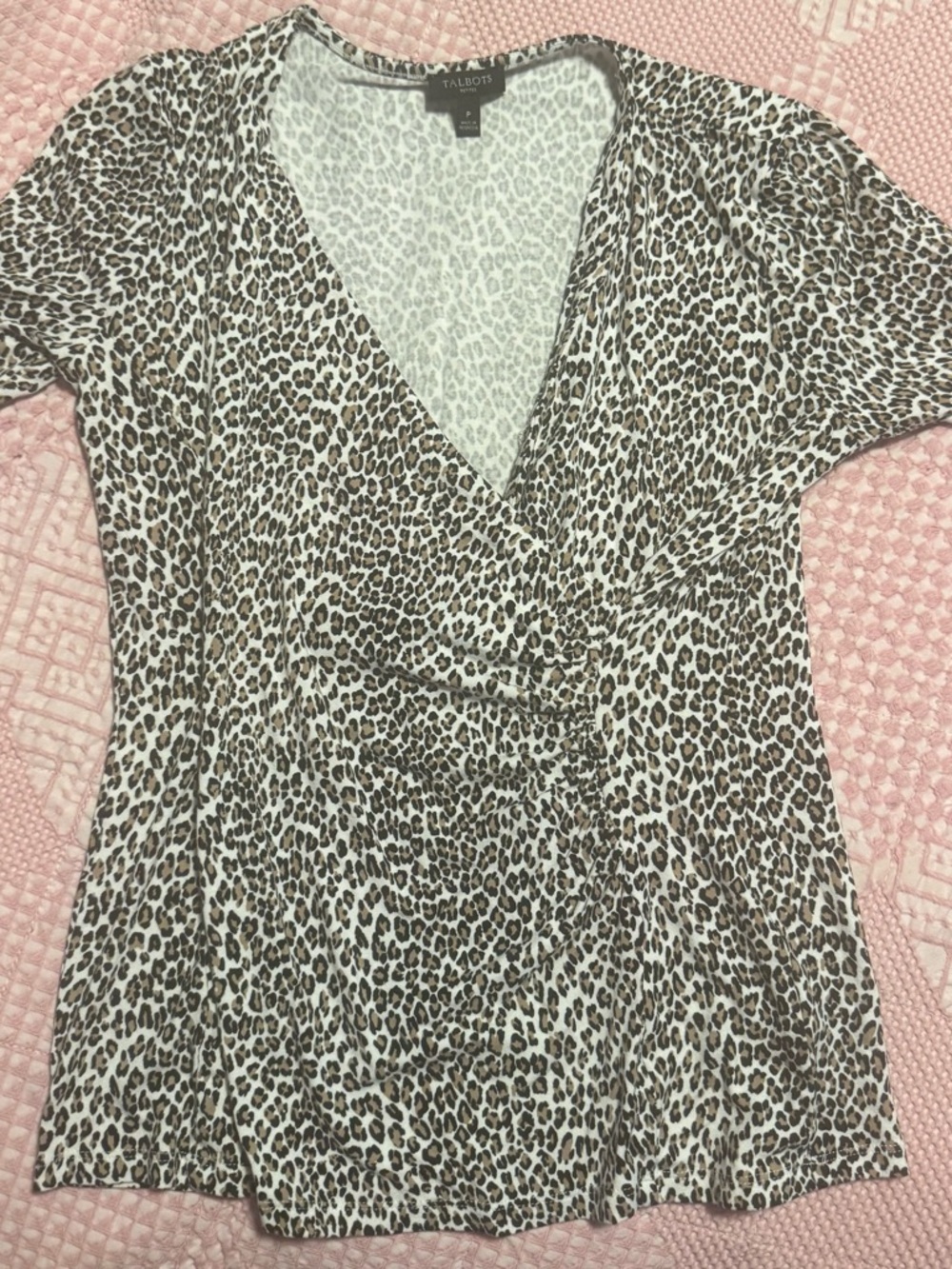 Talbots Brown and White Leopard Print V-Neck Short Sleeve Top